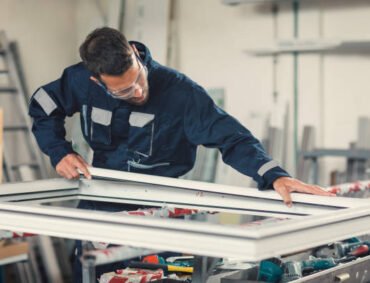 Aluminium and PVC industry worker making PVC or aluminium frames for windows and doors